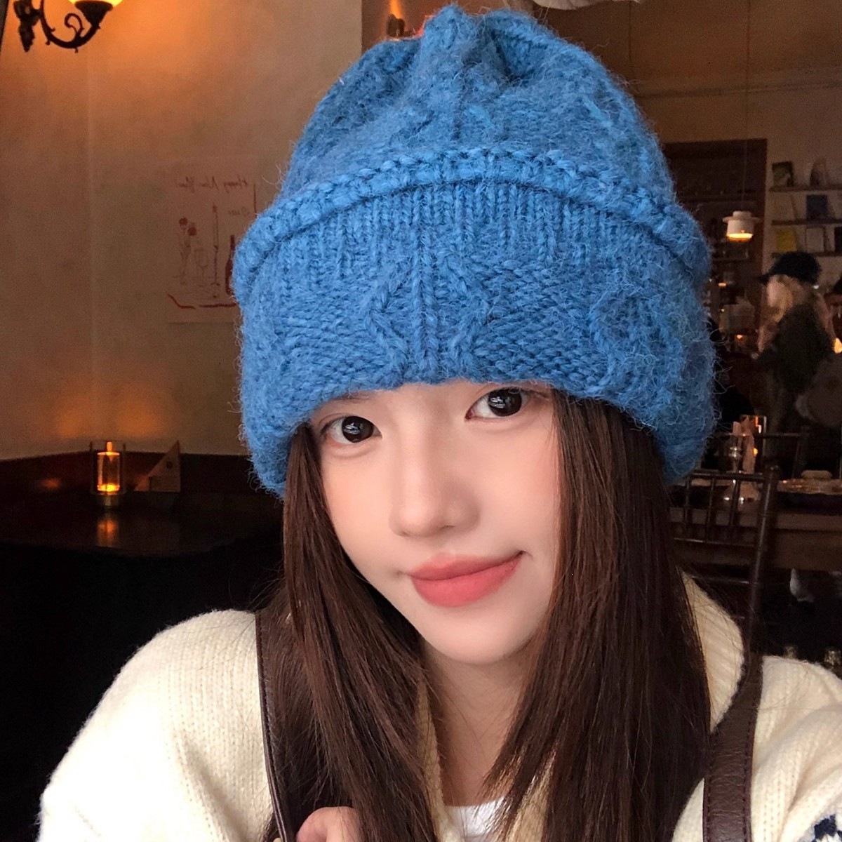 Beanie Cuffed Knit - 크림색 케이블 니트 비니 여성용 겨울